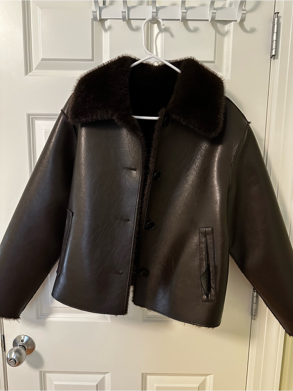 Zara Dark Brown Faux Shearling-Trim Leather Jacket (Reverseable!)